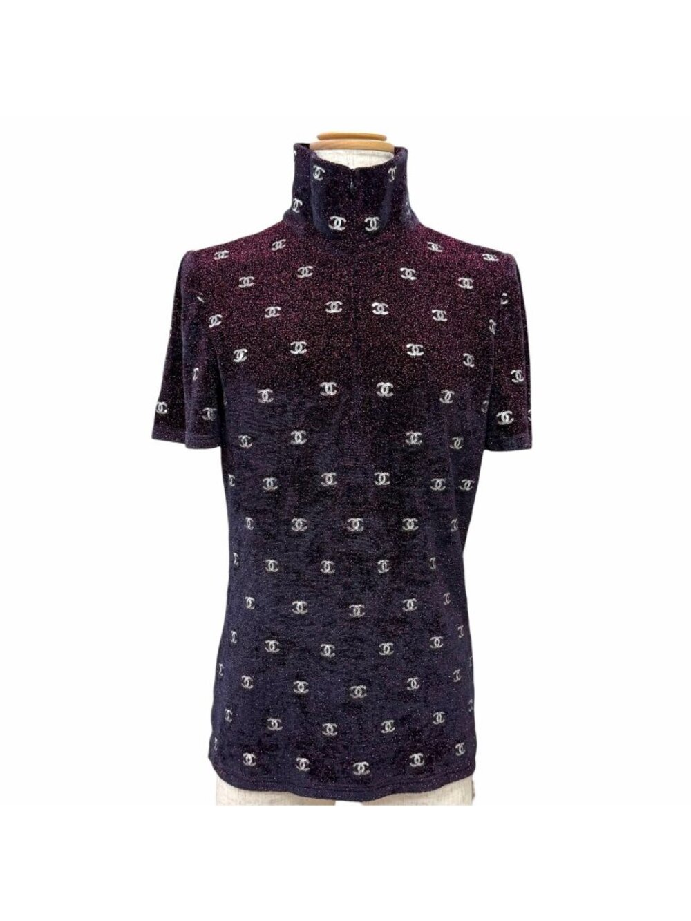 Chanel CC Logo Sequin Glitter Half Zip Short Sleeve Knit Bordeaux IT 36 Sweater